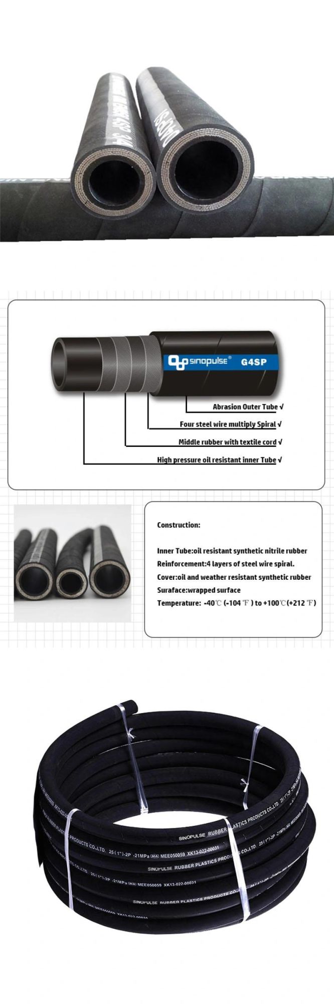 Good Oil Resistance Spiral Hydraulic Rubber Hoses for Vessel En856 4sp 3/8" 06 10mm