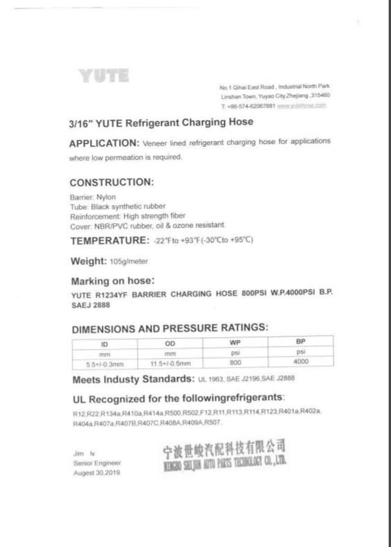 Yute 3/16 Inch Barrier Refrigerant Charging Hose with UL