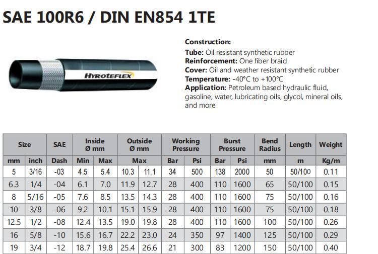 One Fiber Braided High Pressure Oil Hose DIN En 854 1te/ SAE 100r6
