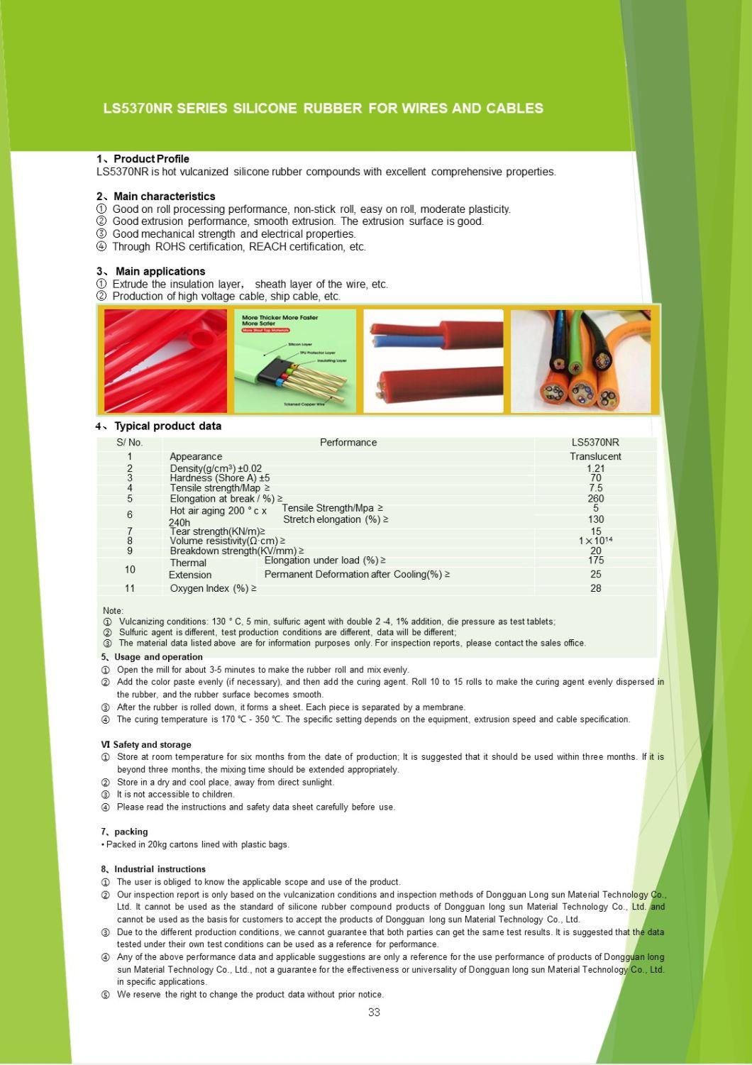 Ls5370nr Htv Silicone Rubber Materials for Extruded Wire Cable Electrical Insulation Cover Layer High-Voltage Cable Tire Ca