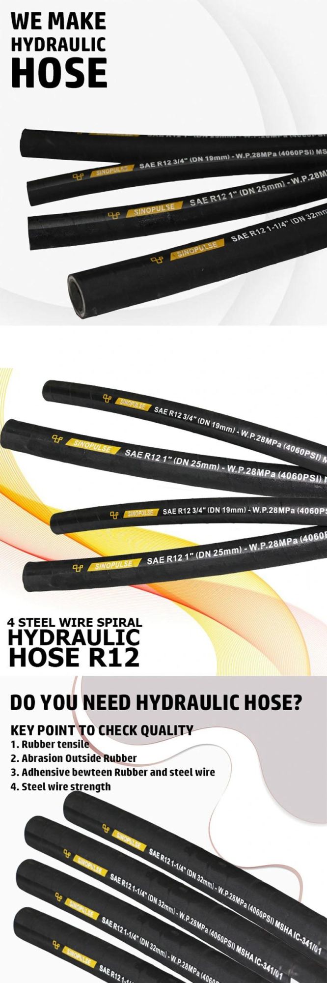 SAE R12 Excavator Hydraulic Hose with Four Steel Wire Spiral 4060psi